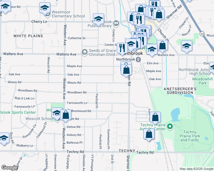 map of restaurants, bars, coffee shops, grocery stores, and more near 2114 Illinois Road in Northbrook