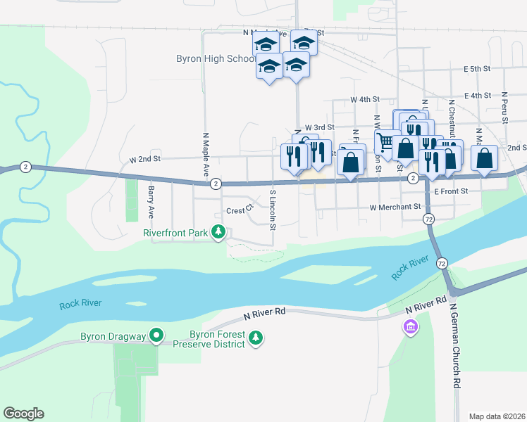 map of restaurants, bars, coffee shops, grocery stores, and more near 903 Crest View Trail in Byron