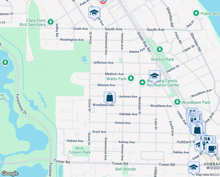 map of restaurants, bars, coffee shops, grocery stores, and more near 491 Monroe Avenue in Glencoe