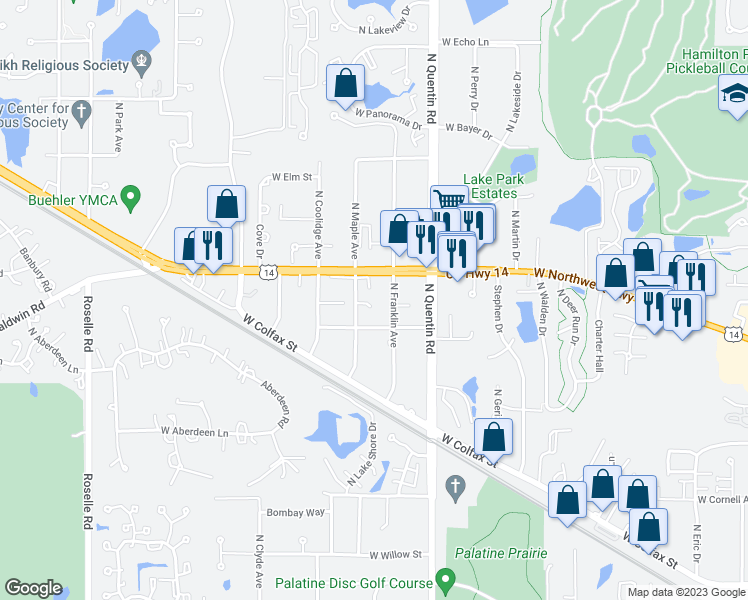 map of restaurants, bars, coffee shops, grocery stores, and more near 898 West Chesterfield Court in Palatine