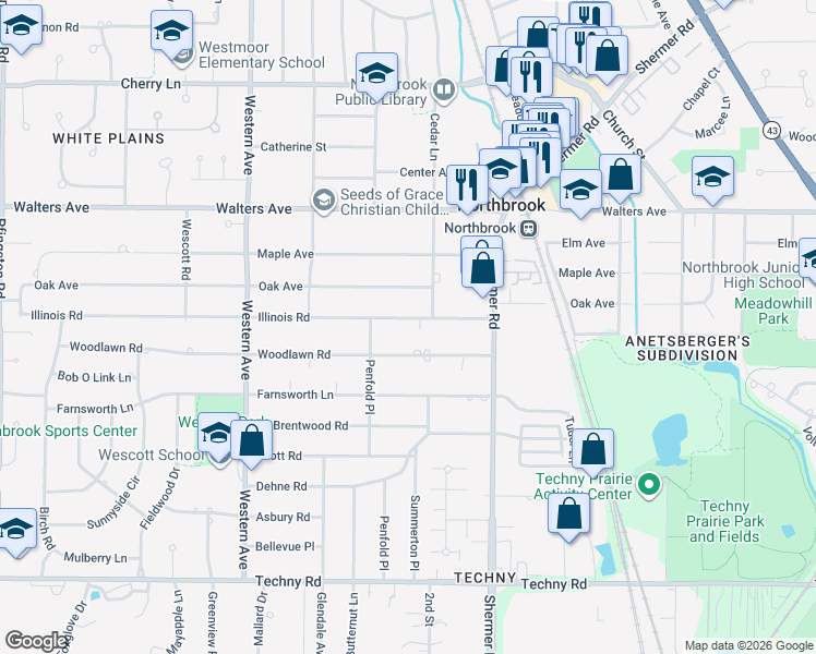 map of restaurants, bars, coffee shops, grocery stores, and more near 2114 Illinois Road in Northbrook