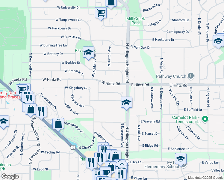 map of restaurants, bars, coffee shops, grocery stores, and more near 3 East Hintz Road in Arlington Heights
