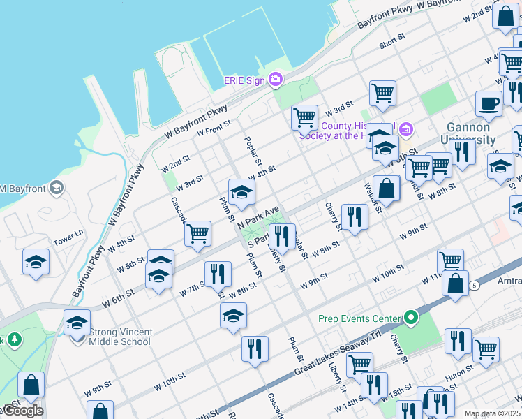 map of restaurants, bars, coffee shops, grocery stores, and more near 509 Liberty Street in Erie