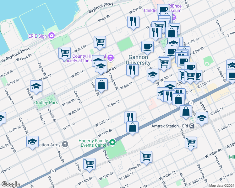 map of restaurants, bars, coffee shops, grocery stores, and more near 810 Chestnut Street in Erie