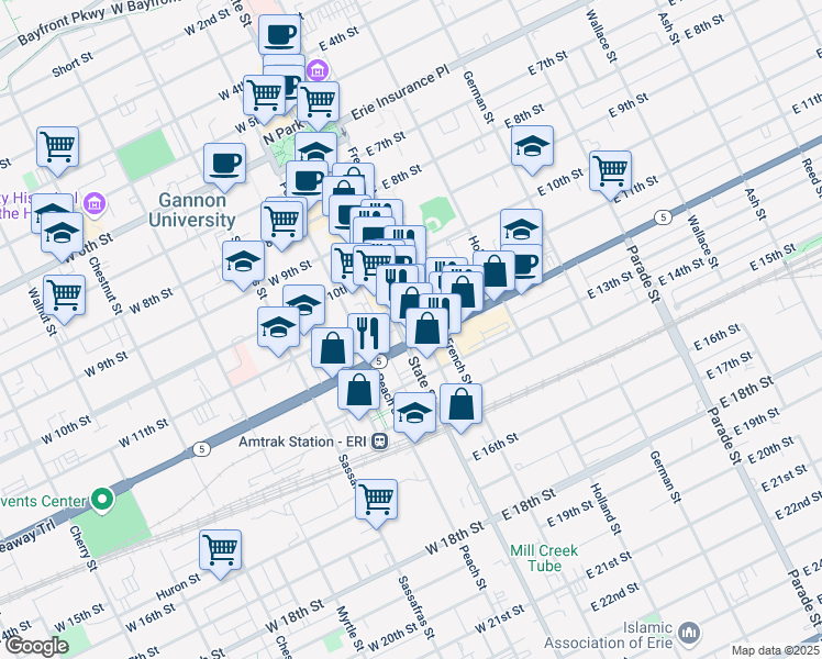 map of restaurants, bars, coffee shops, grocery stores, and more near 1129 State St in Erie