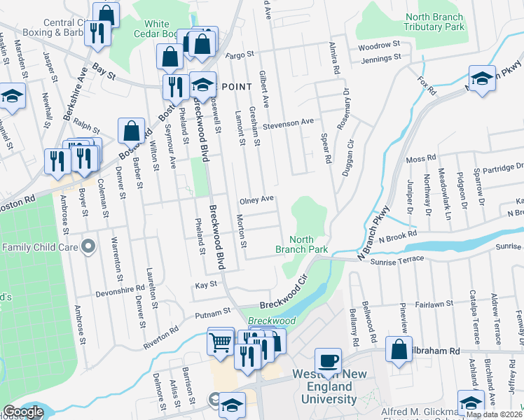 map of restaurants, bars, coffee shops, grocery stores, and more near 53 Olney Avenue in Springfield