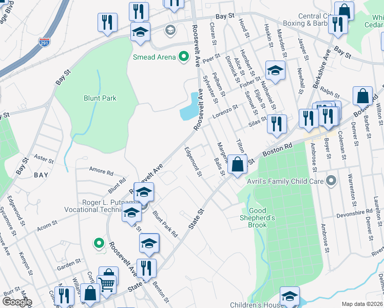 map of restaurants, bars, coffee shops, grocery stores, and more near 18 North Chatham Street in Springfield