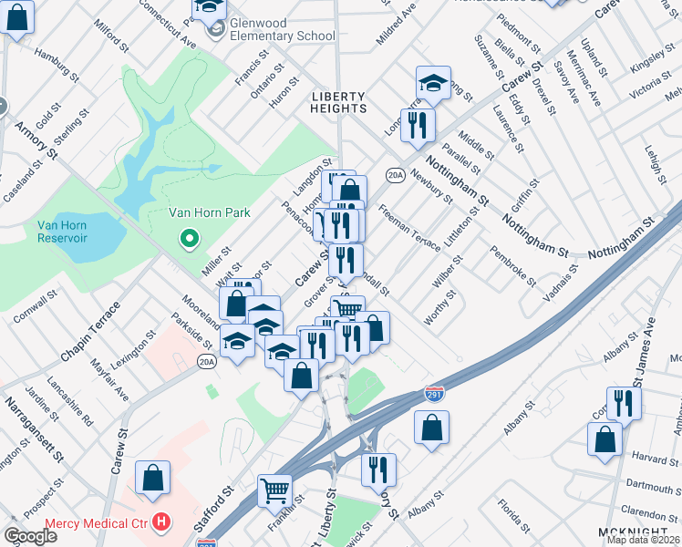 map of restaurants, bars, coffee shops, grocery stores, and more near 739-741 Carew Street in Springfield