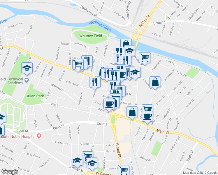 map of restaurants, bars, coffee shops, grocery stores, and more near in Westfield