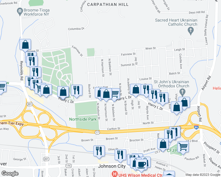 map of restaurants, bars, coffee shops, grocery stores, and more near 144 North Baldwin Street in Johnson City