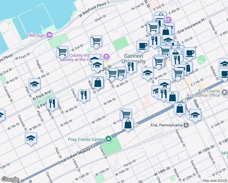 map of restaurants, bars, coffee shops, grocery stores, and more near 402 West 8th Street in Erie
