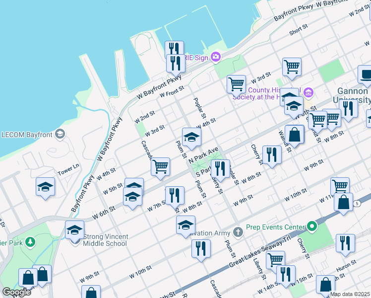 map of restaurants, bars, coffee shops, grocery stores, and more near 825 West 4th Street in Erie