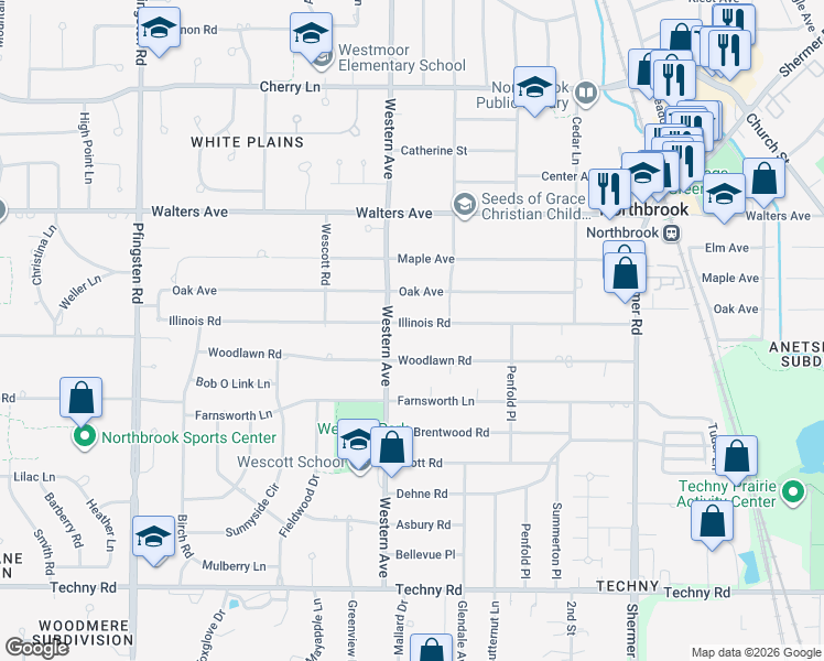 map of restaurants, bars, coffee shops, grocery stores, and more near 2342 Illinois Road in Northbrook