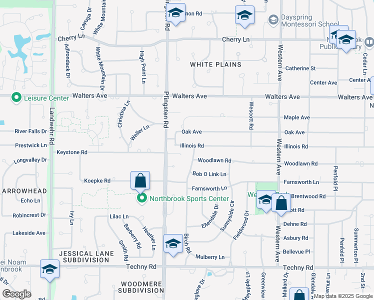 map of restaurants, bars, coffee shops, grocery stores, and more near 2757 Royal Drive in Northbrook