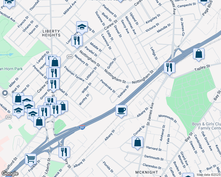 map of restaurants, bars, coffee shops, grocery stores, and more near 72 Pembroke Street in Springfield