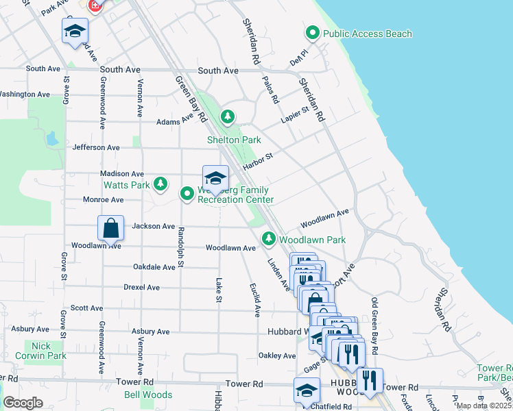 map of restaurants, bars, coffee shops, grocery stores, and more near 232 Green Bay Road in Glencoe