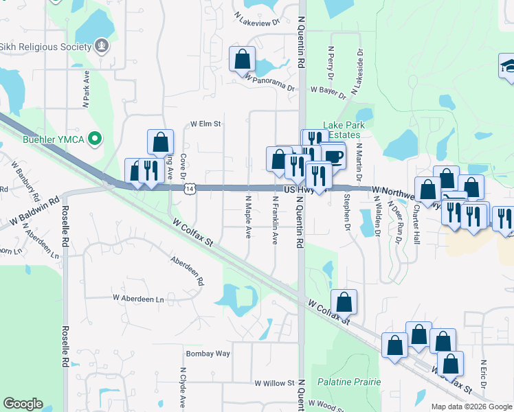 map of restaurants, bars, coffee shops, grocery stores, and more near 922 West Chesterfield Court in Palatine