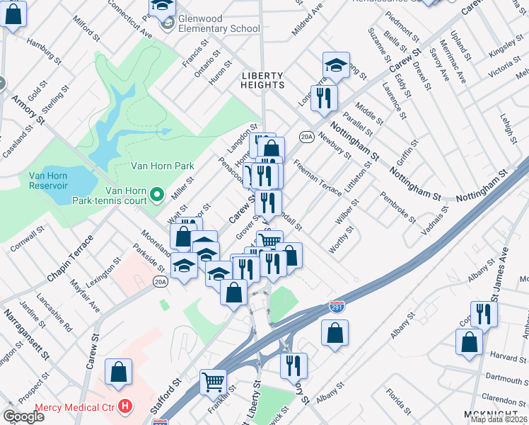 map of restaurants, bars, coffee shops, grocery stores, and more near 739-741 Carew Street in Springfield