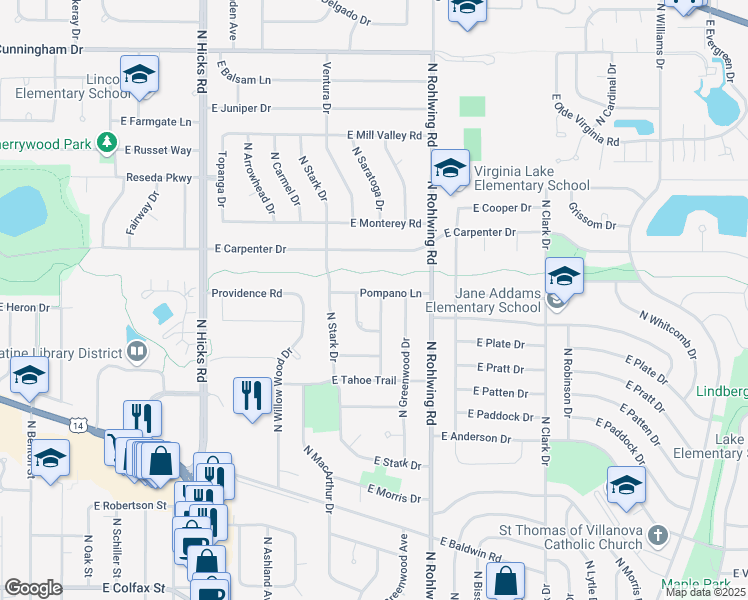 map of restaurants, bars, coffee shops, grocery stores, and more near 728 North Bel Aire Terrace in Palatine