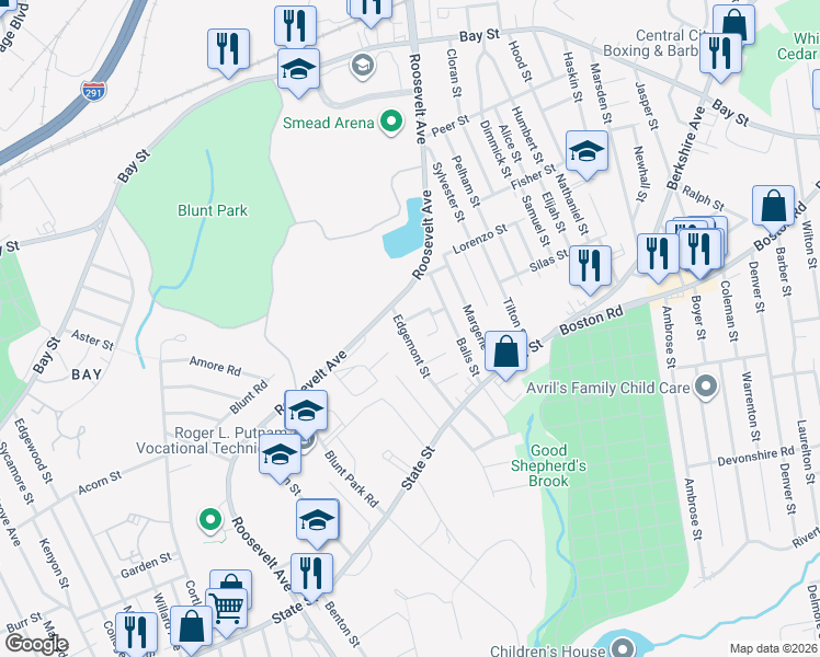 map of restaurants, bars, coffee shops, grocery stores, and more near 18 North Chatham Street in Springfield