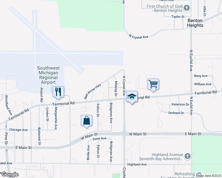 map of restaurants, bars, coffee shops, grocery stores, and more near 591 Bridgman Avenue in Benton Harbor