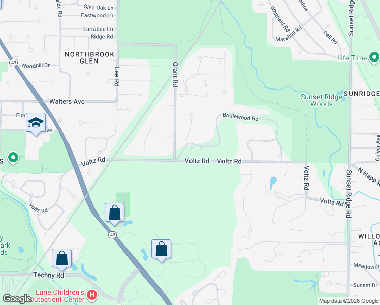 map of restaurants, bars, coffee shops, grocery stores, and more near 34 Bridlewood Road in Northbrook