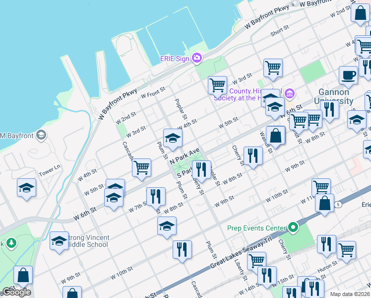 map of restaurants, bars, coffee shops, grocery stores, and more near 507 Liberty Street in Erie