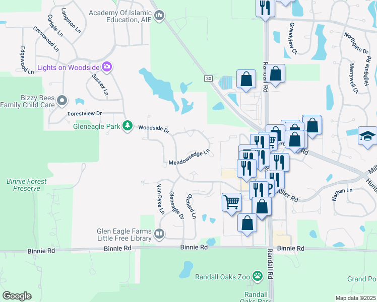 map of restaurants, bars, coffee shops, grocery stores, and more near 1534 Meadowsedge Lane in Carpentersville