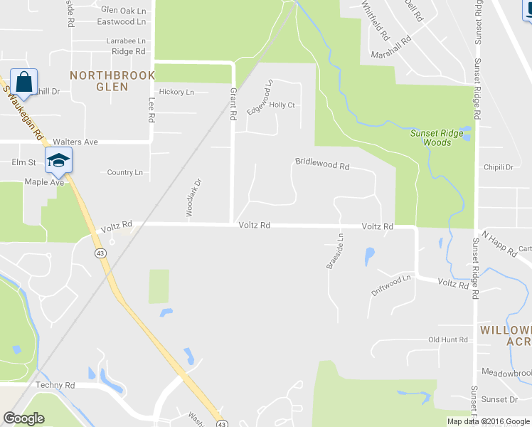 map of restaurants, bars, coffee shops, grocery stores, and more near 32 Bridlewood Road in Northbrook