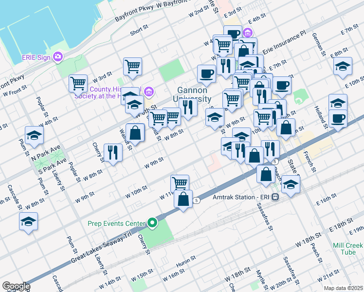 map of restaurants, bars, coffee shops, grocery stores, and more near 324 West 9th Street in Erie