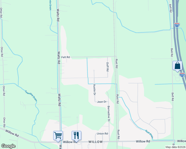 map of restaurants, bars, coffee shops, grocery stores, and more near 24730 Austin Drive in Huron Charter Township