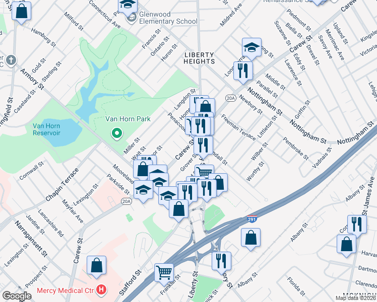 map of restaurants, bars, coffee shops, grocery stores, and more near 739-741 Carew Street in Springfield