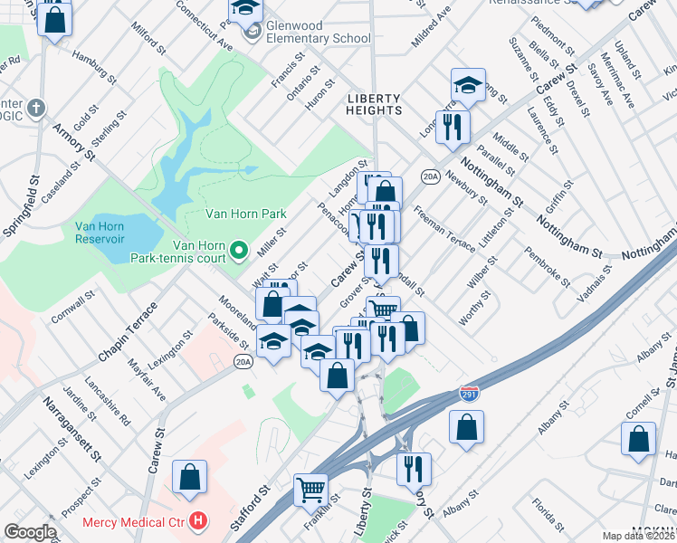 map of restaurants, bars, coffee shops, grocery stores, and more near 19 Mystic Street in Springfield