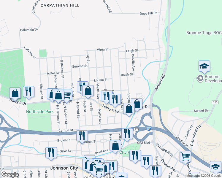 map of restaurants, bars, coffee shops, grocery stores, and more near 72 Pearl Avenue in Johnson City