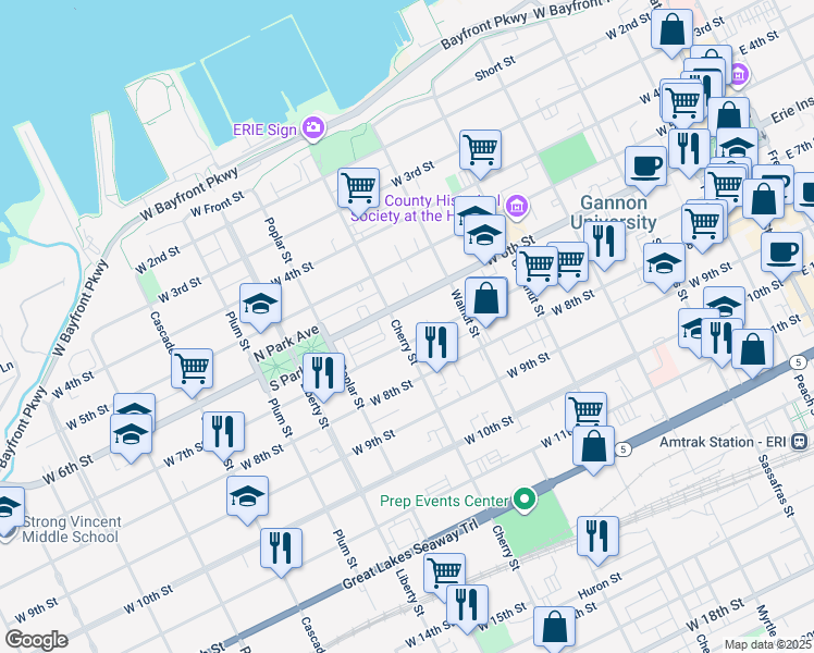 map of restaurants, bars, coffee shops, grocery stores, and more near 603 West 6th Street in Erie