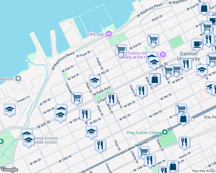 map of restaurants, bars, coffee shops, grocery stores, and more near 504 Poplar Street in Erie
