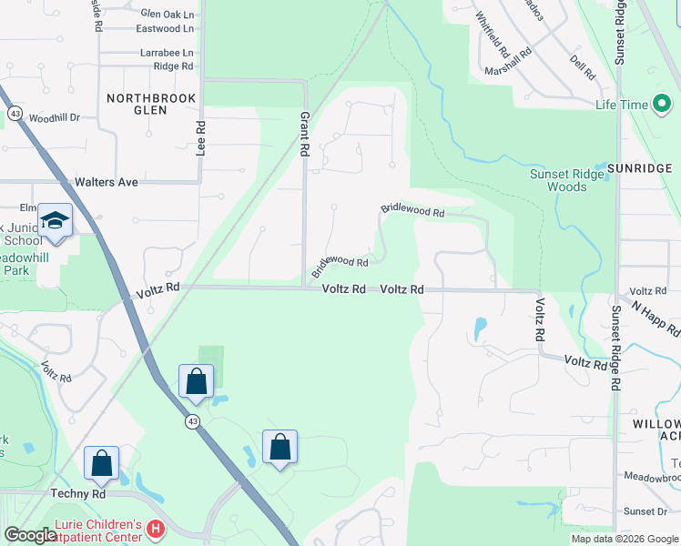 map of restaurants, bars, coffee shops, grocery stores, and more near 32 Bridlewood Road in Northbrook