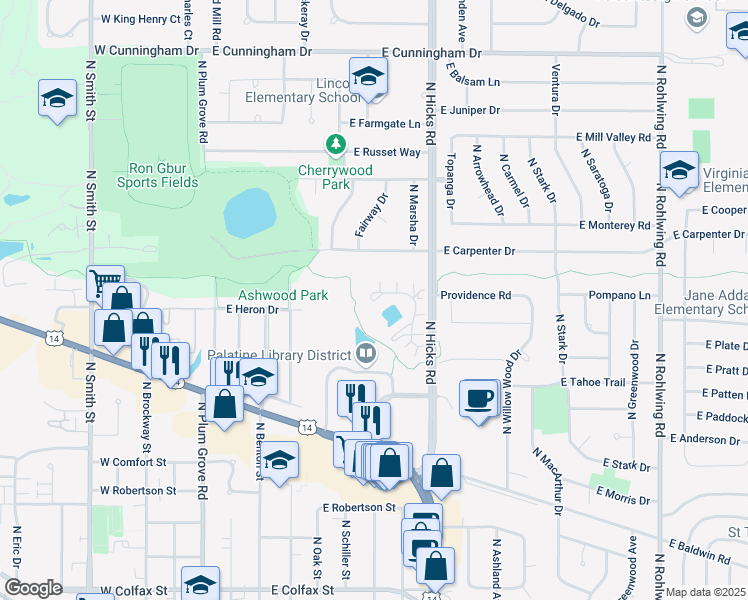 map of restaurants, bars, coffee shops, grocery stores, and more near 232 East Rimini Court in Palatine