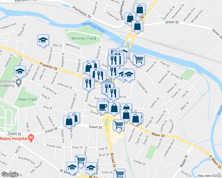 map of restaurants, bars, coffee shops, grocery stores, and more near 10 Franklin Street in Westfield