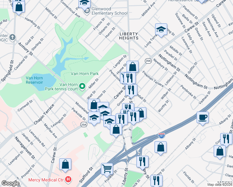 map of restaurants, bars, coffee shops, grocery stores, and more near 19 Mystic Street in Springfield