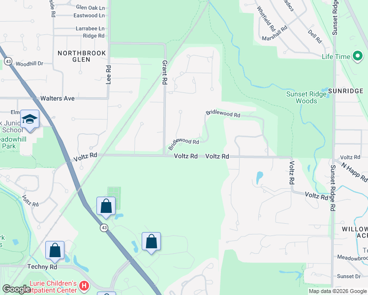 map of restaurants, bars, coffee shops, grocery stores, and more near 32 Bridlewood Road in Northbrook