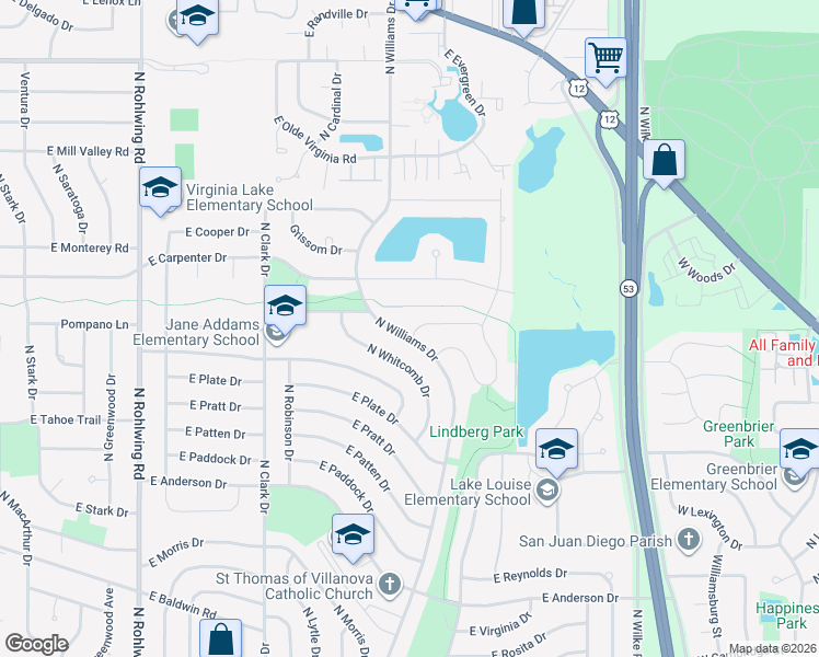 map of restaurants, bars, coffee shops, grocery stores, and more near 1224 East Thurston Drive in Palatine