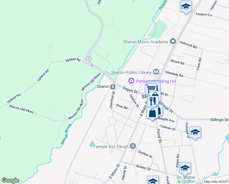 map of restaurants, bars, coffee shops, grocery stores, and more near 67 Chestnut Street in Sharon