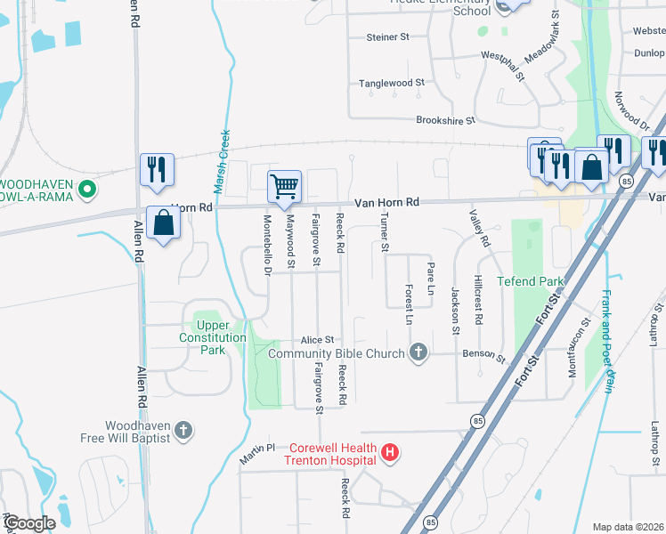 map of restaurants, bars, coffee shops, grocery stores, and more near 25205 Fairgrove Street in Trenton