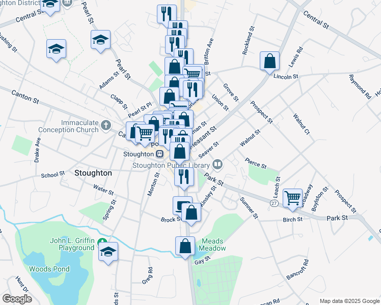 map of restaurants, bars, coffee shops, grocery stores, and more near 6 Park Street in Stoughton