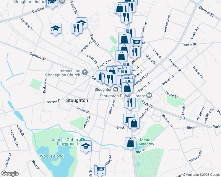map of restaurants, bars, coffee shops, grocery stores, and more near 2 Canton Street in Stoughton