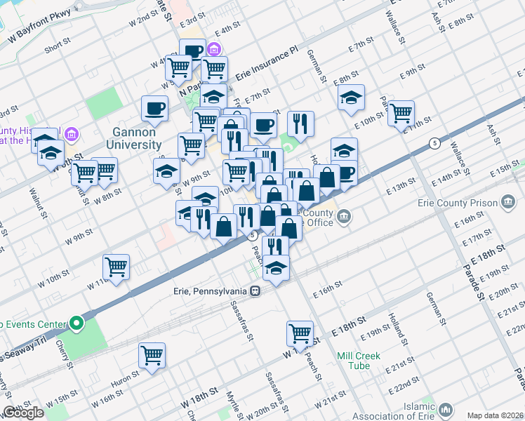 map of restaurants, bars, coffee shops, grocery stores, and more near in Erie