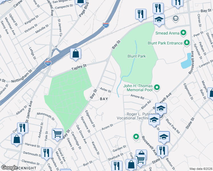 map of restaurants, bars, coffee shops, grocery stores, and more near 39 Goldenrod Street in Springfield