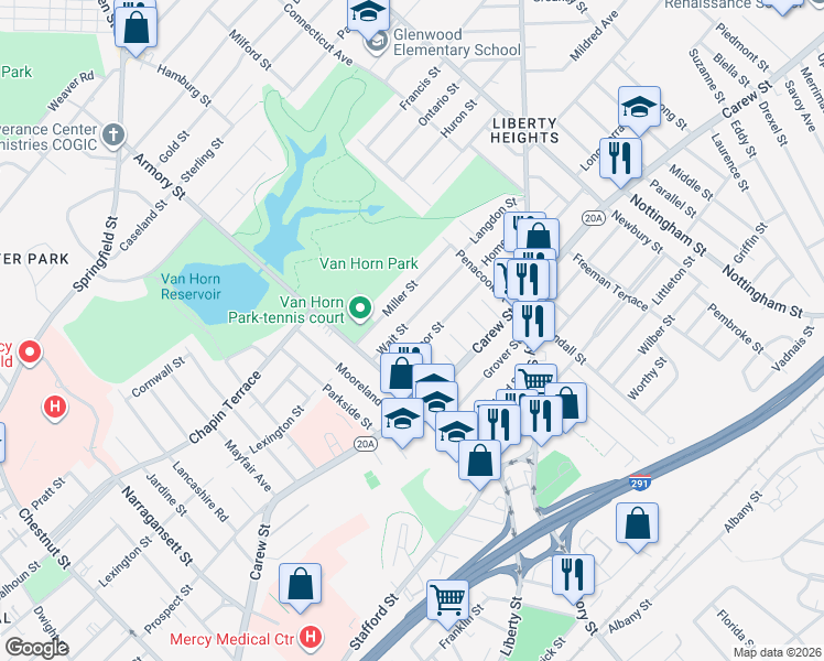 map of restaurants, bars, coffee shops, grocery stores, and more near 52 Wait Street in Springfield
