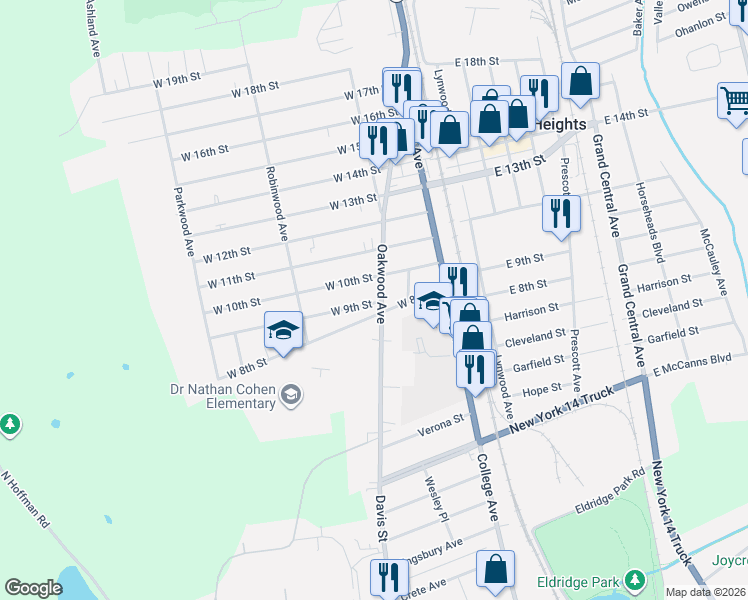 map of restaurants, bars, coffee shops, grocery stores, and more near 156 Oakwood Avenue in Elmira Heights